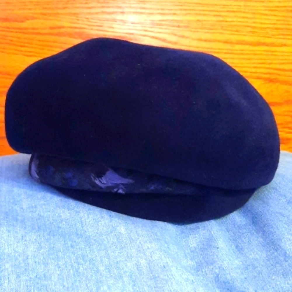 Navy Velour French style Vintage Hat with netted feather accent